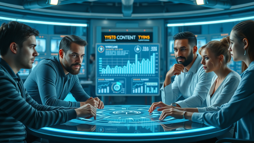 Futuristic content creators collaborating at digital round table showcasing content creation 2025 trends