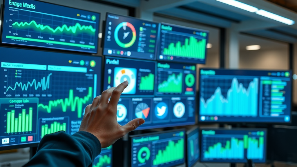 dynamic social media dashboard showing real-time engagement metrics on a vibrant digital interface