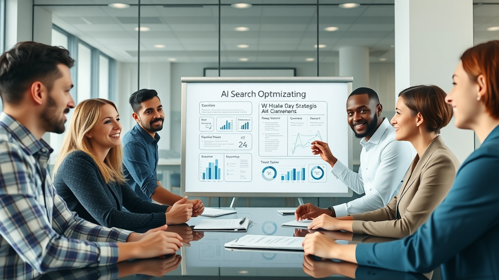 Marketing team collaborating on brand authority AI search optimization strategies