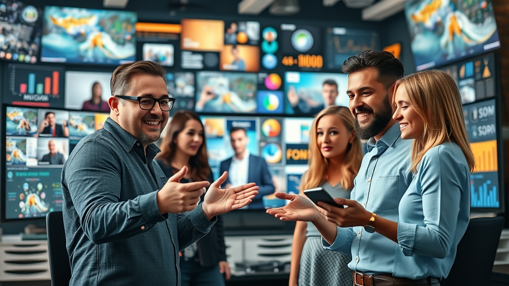 Marketing team creating multimedia content to enhance brand authority in Google AI Mode results