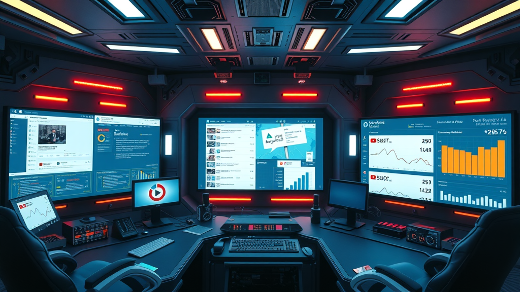 Futuristic digital marketing control room managing multi-platform paid ads
