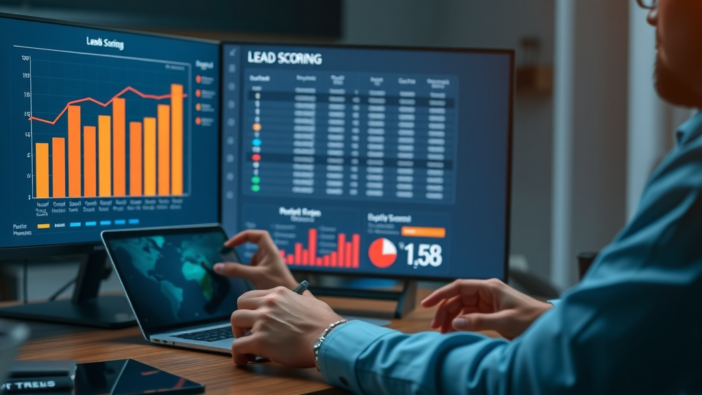 analytical marketer reviewing lead scoring chart to identify quality leads in lead generation campaign