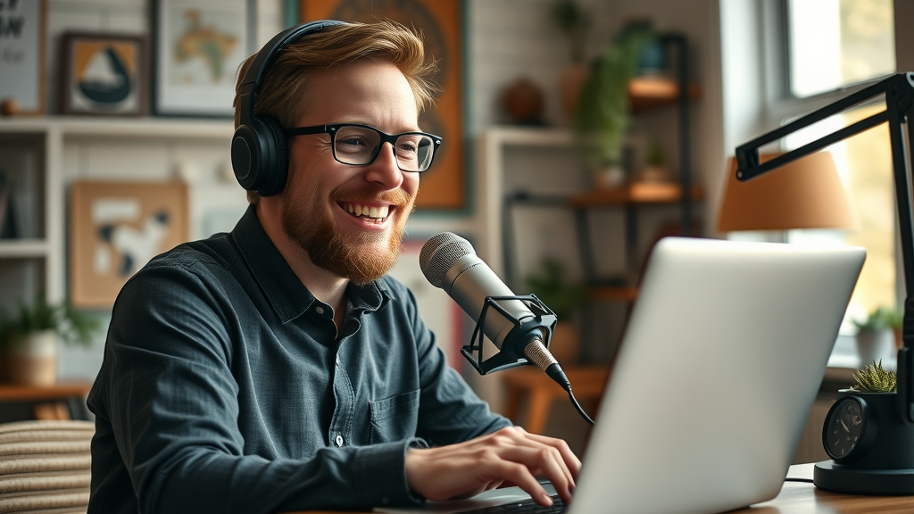 Starting a podcast 2025 - podcast host editing an episode on laptop in cozy home office