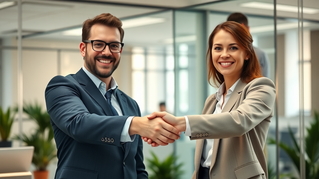business partners shaking hands in a modern office, symbolizing trust in lead generation