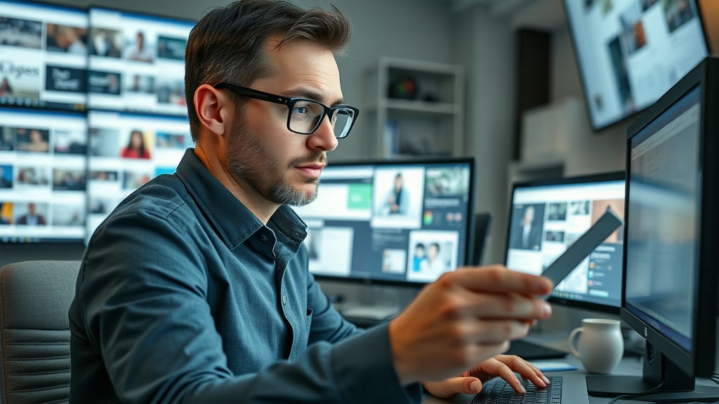 Overwhelmed professional browsing digital content, scanning multiple devices, representing the challenge of brand recognition online