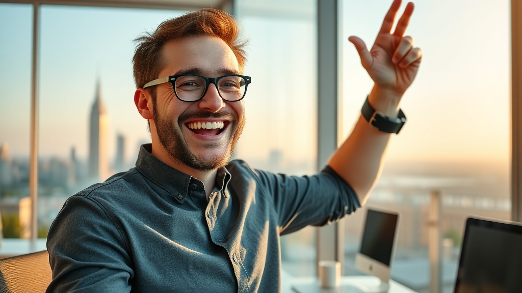Confident advertiser celebrating successful Facebook ads results in optimizing Meta ad campaigns