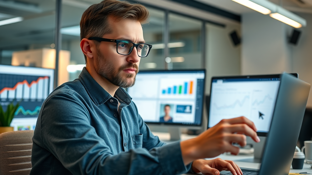 Digital content creator analyzing brand metrics in a vibrant multi-platform workspace visualizing strong brand recognition online