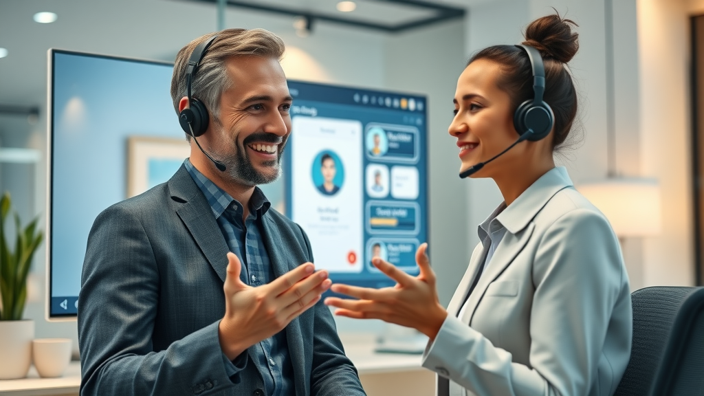 AI-powered chatbot assisting a happy client in a modern customer service center, improving customer experience.