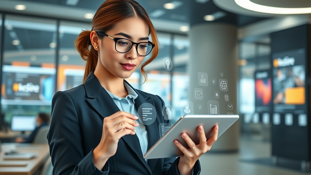 Modern businesswoman analyzing brand elements, highlighting the importance of brand recognition online in 2025