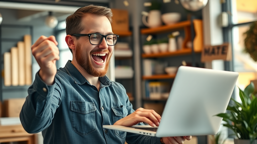 Local business owner celebrating web traffic growth, viewing analytics on a laptop with upward trend graphs, confetti in background.