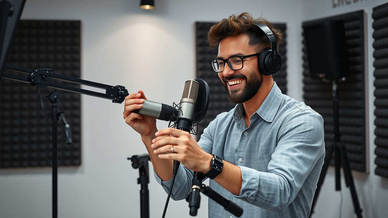 Entrepreneur assembling podcasting and video marketing setup