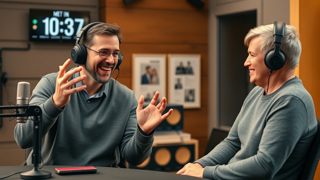 Podcast host animatedly using hand gestures to emphasize sub-hooks for podcasting traffic channel