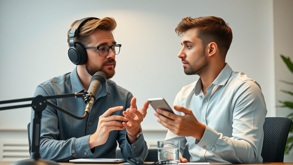 Podcast host and social media marketer collaboratively analyzing content formats in a modern workspace