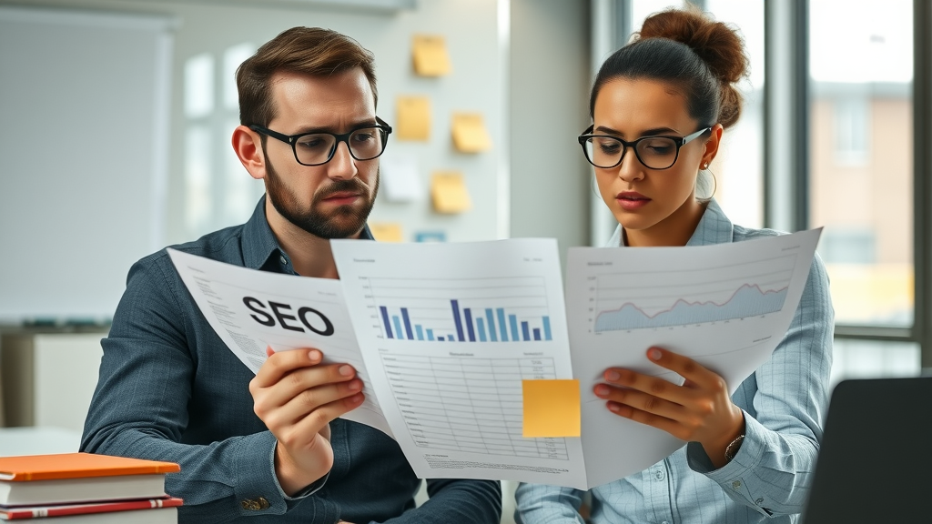 Marketers looking concerned reviewing outdated SEO keyword tracking charts, illustrating challenges of traditional SEO in AI search ranking