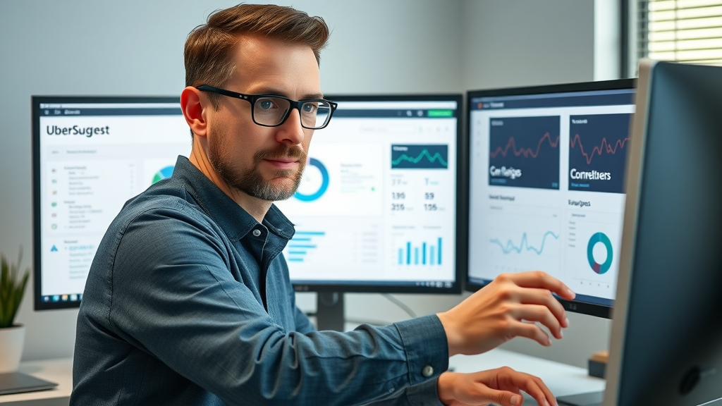Professional marketer researching SEO competitors on dual monitors using UberSuggest tools to improve AI search ranking