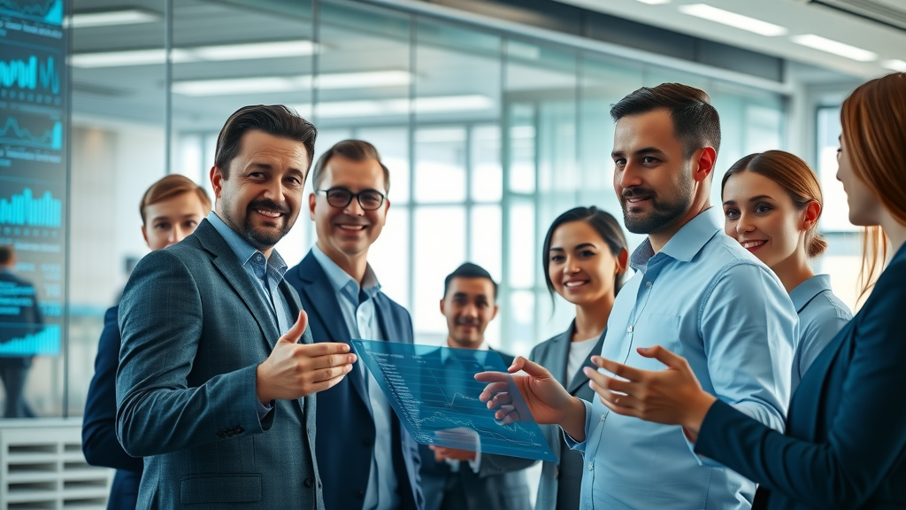 cutting-edge AI-powered sales team analyzing sales data in a modern high-tech office - ai sales agents, sales team, digital analytics