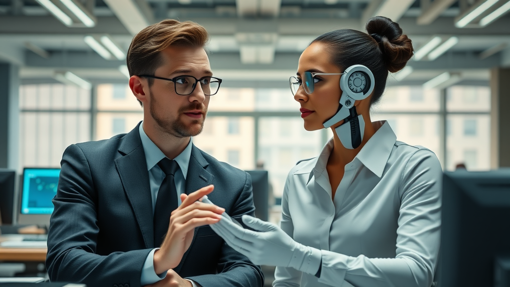 dynamic comparison between human sales rep and AI agent in a modern office analyzing sales, ai sales agents, sales team