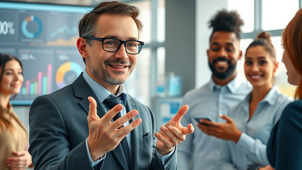 Professional salesperson collaborating with AI avatar assistant advising diverse customers, AI sales agent customer engagement, modern office sales team