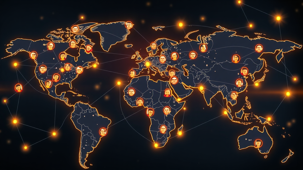 Global sales operations map with interconnected AI nodes and digital avatars, ai sales agents, international sales team