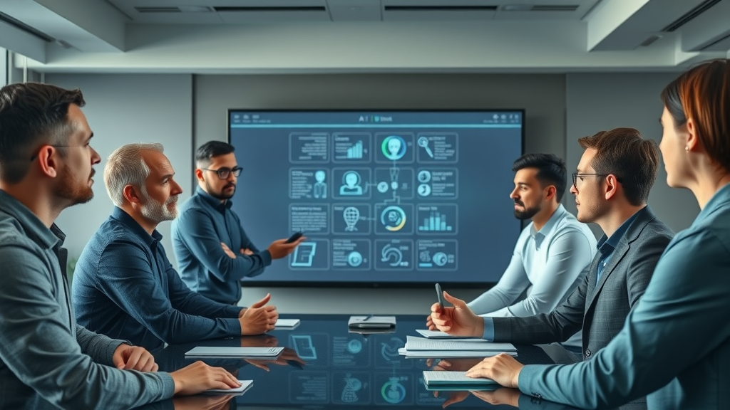 Sales manager presenting AI training to team, discussing challenges and concerns of adopting ai sales agents, sales team training, sales process integration