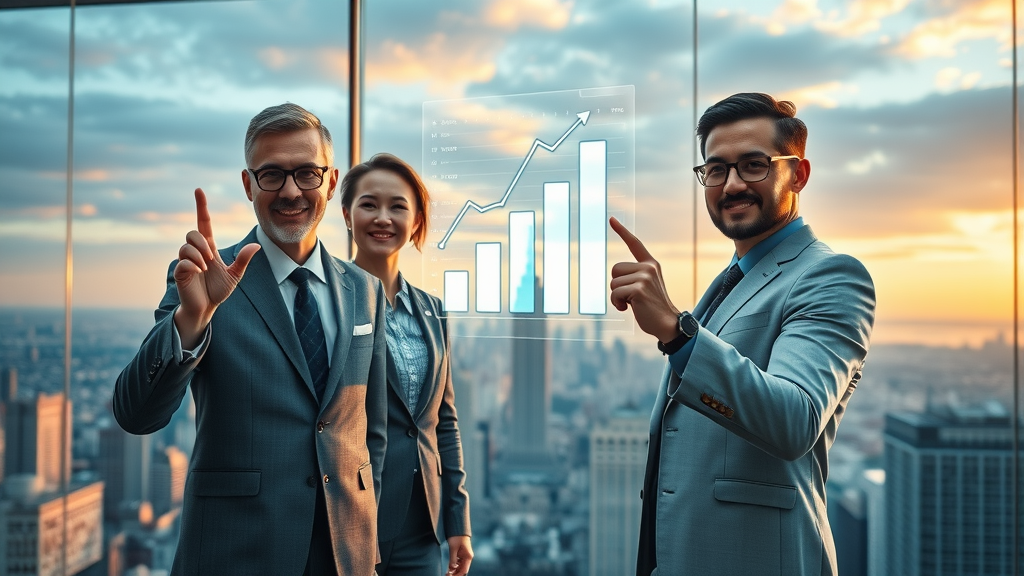 Futuristic sales team with AI hologram advisor, pointing at rising digital sales charts, trends in ai sales agents, future sales process, sales team, ai sales agent