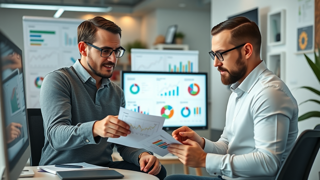 Small business owners discussing digital marketing analytics, focusing on which digital marketing channels give the best return on investment for small budgets