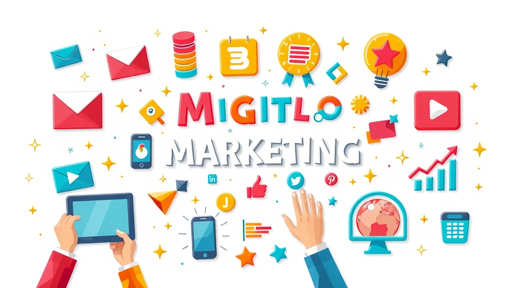 Visual representation of digital marketing channels like email, content marketing, SEO, social media, and PPC for small business ROI
