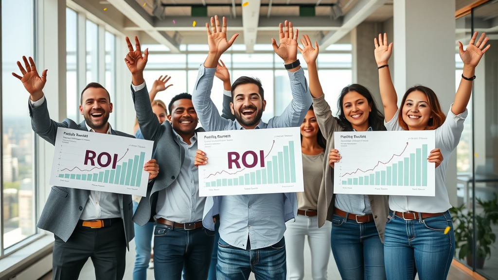Small business owners celebrating digital marketing success with positive ROI charts for small marketing budgets