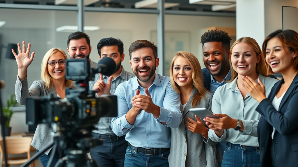 diverse business professionals filming promotional video video marketing office
