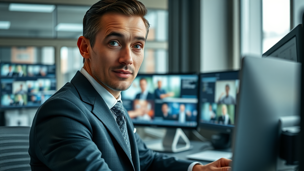 business professional reviewing video marketing content on screens