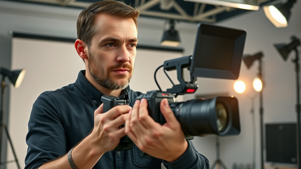 videographer filming product demo professional camera setup video production