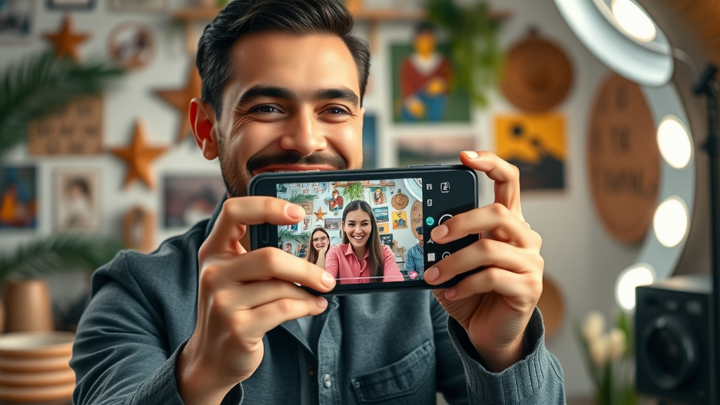 Business owner recording Instagram story with interactive stickers, focusing on content strategy and storytelling for audience engagement.