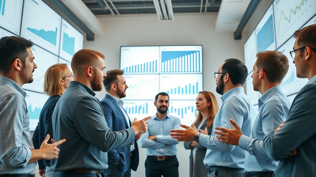 Digital marketing team analyzing social media metrics on large screens in modern office