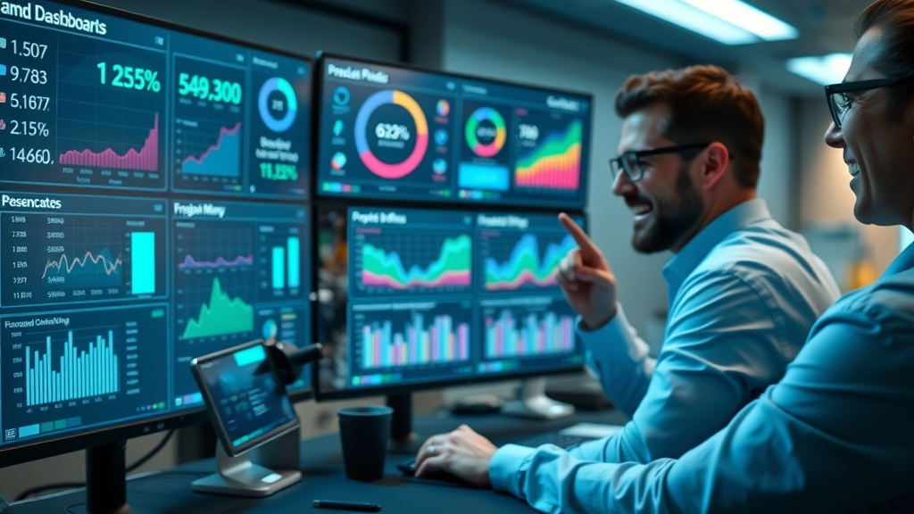 Organized marketing dashboard showing social media ad metrics and excited marketers reviewing results