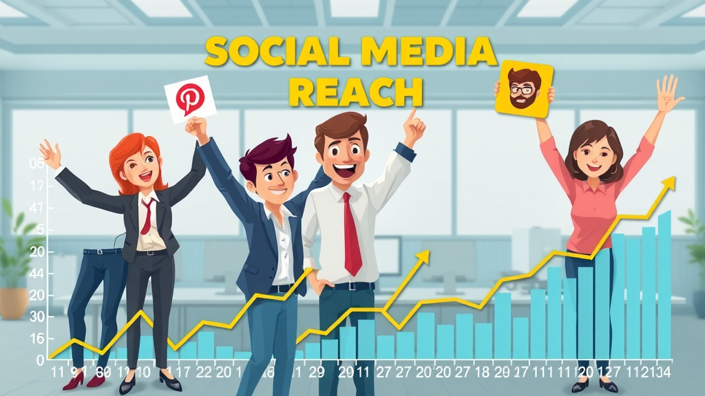 Infographic showing social media reach, impressions, brand awareness metrics and dynamic business teams