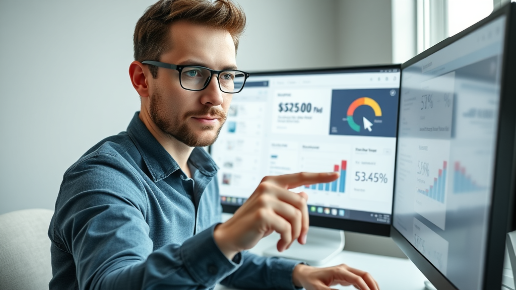Marketer analyzing landing page stats, click-through rate boxes highlighted