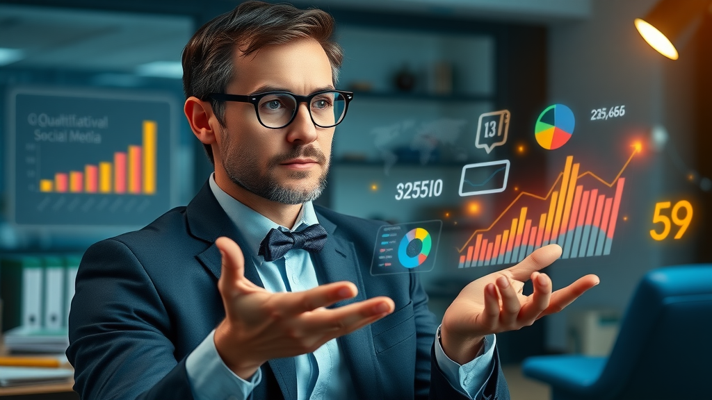 Business analyst reviewing qualitative and quantitative social media charts and metrics