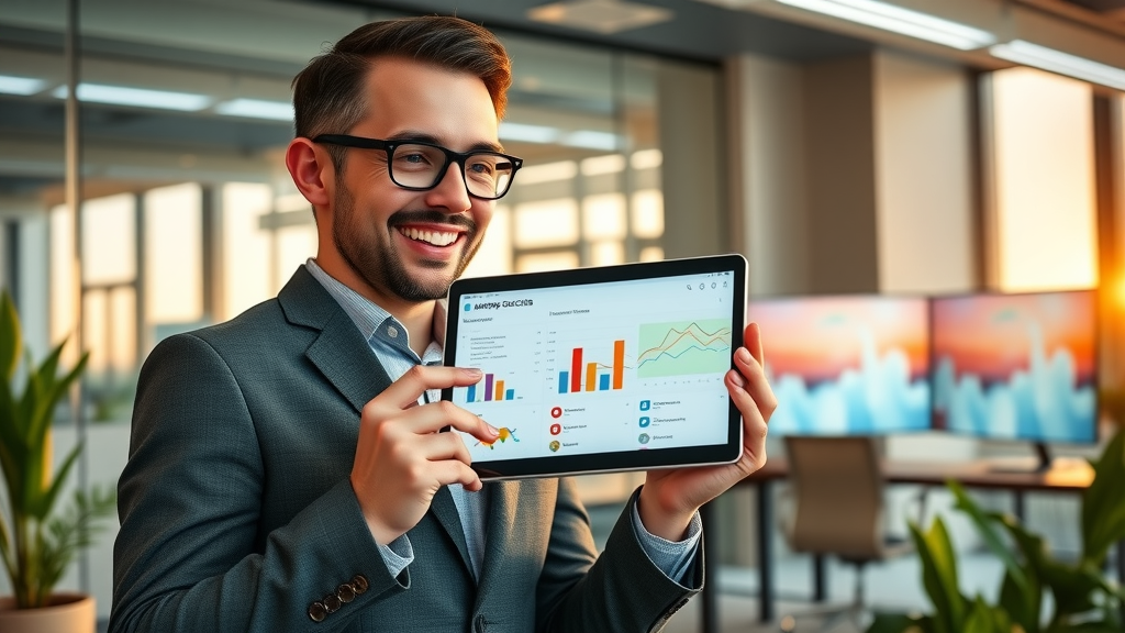 Confident marketer reviewing campaign success metrics, showing tablet screen with results