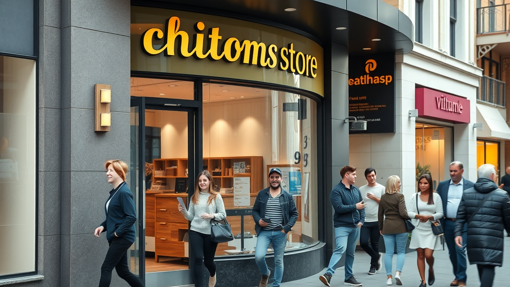 Modern storefront representing how do I set up a Google Business Profile - lively urban street, welcoming customers, clear business signage, natural daylight