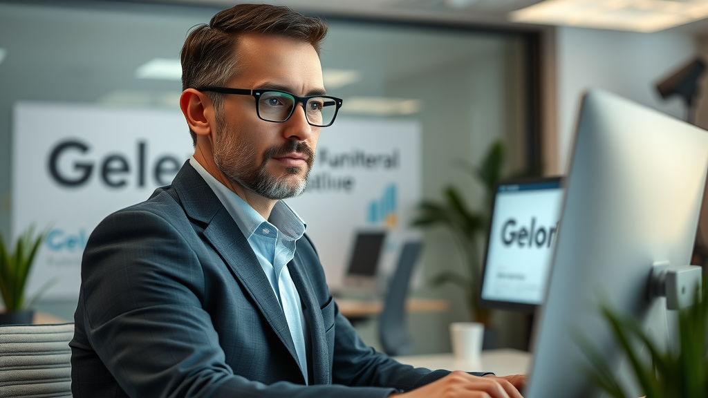 Business owner reviewing Google Business Profile settings on computer in a modern office