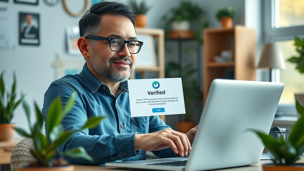 Small business owner celebrating successful Google Business Profile verification in office setting
