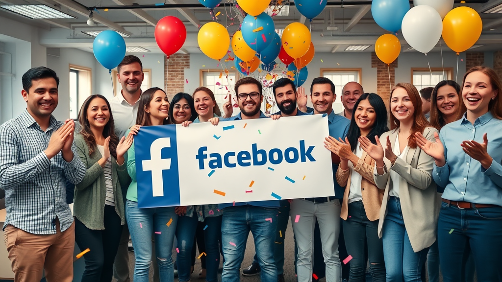 small business team celebrating Facebook follower milestone for grow facebook page success