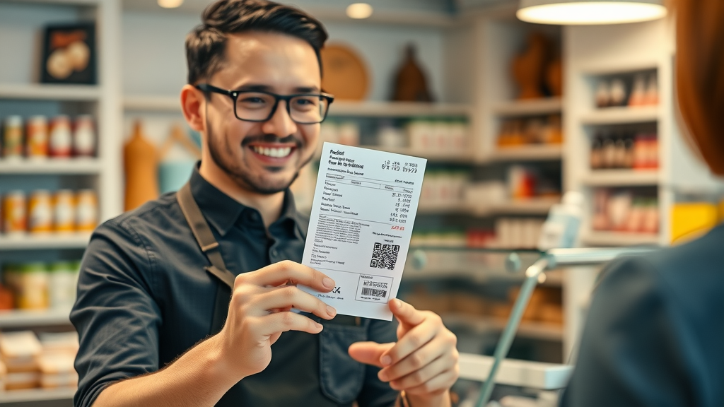 staff providing receipt with QR code for google review inside small business