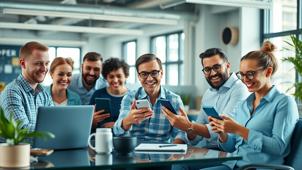 business team posting google review link on social media in creative workspace