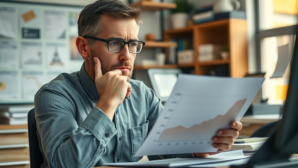 Worried small business owner looking at declining sales chart with contemplative expression
