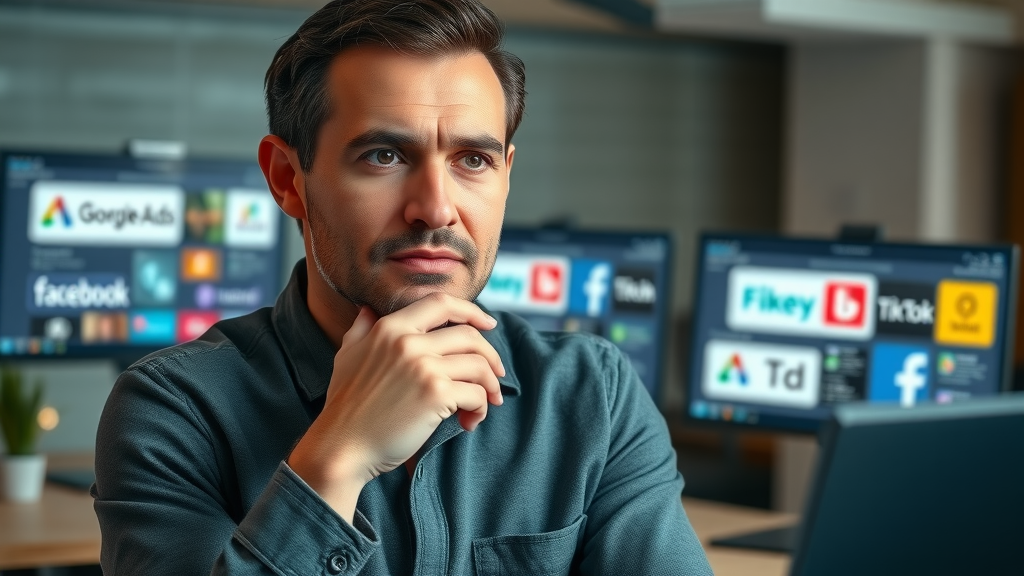 Contrasting digital marketing channel icons while a small business owner reviews options seriously