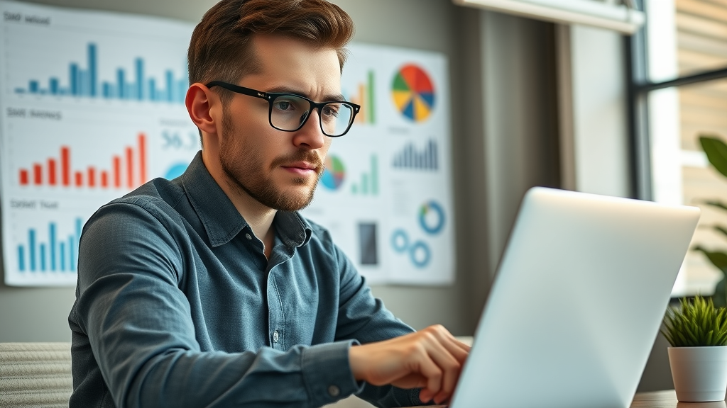 Small business owner analyzing social media marketing spend with focused expression in a modern office