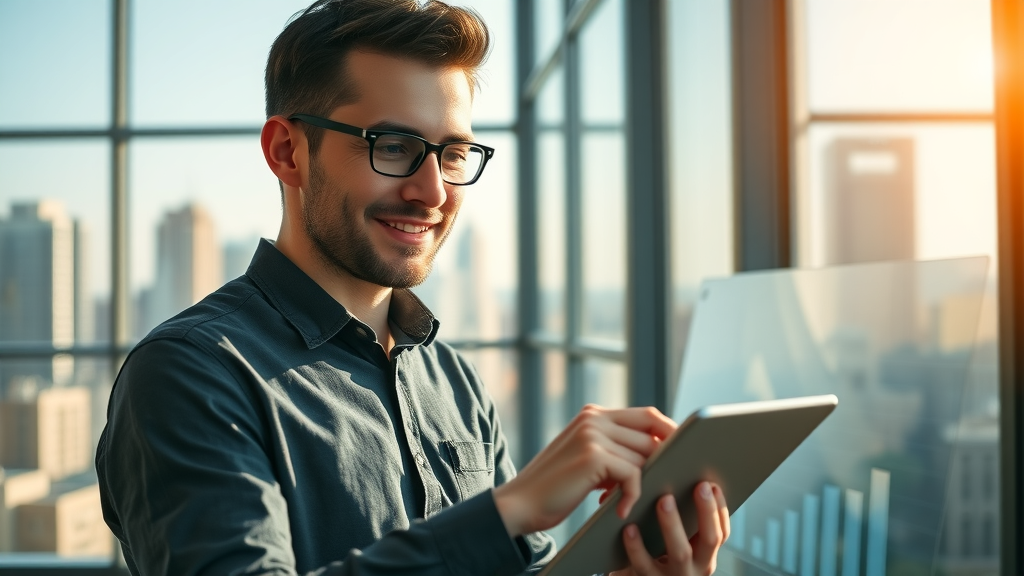 Small business marketer reviewing analytics dashboard with satisfied expression