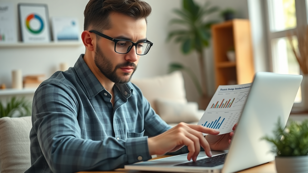Focused small business owner calculating advertising budget on laptop with financial charts visible