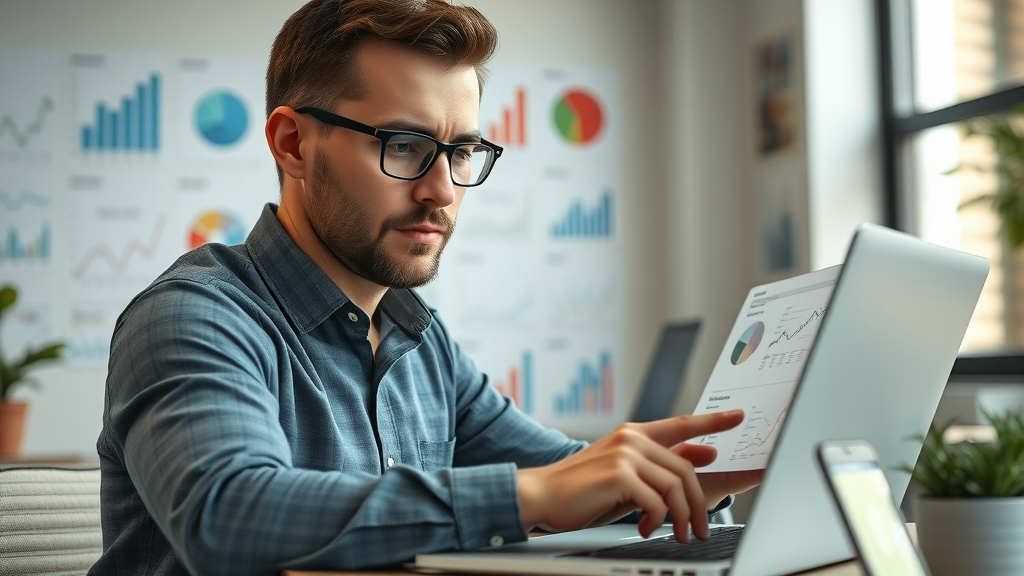Engaged small business owner analyzing search engine marketing data on laptop